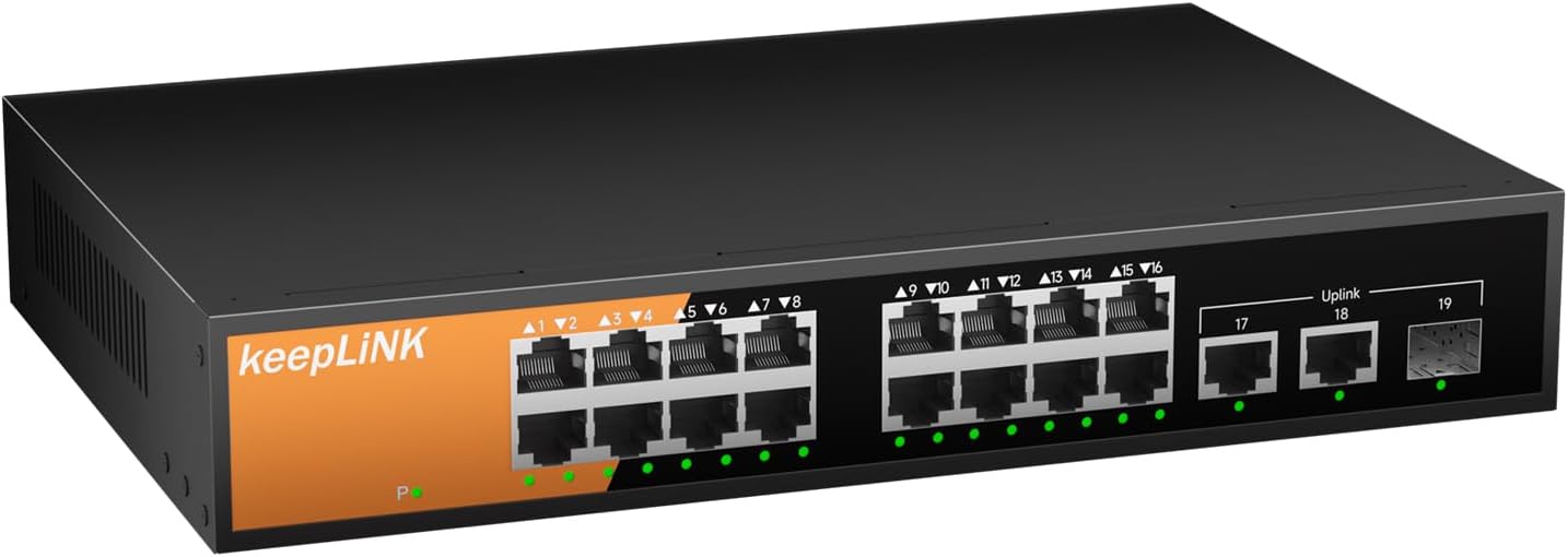 16 Port Gigabit PoE Switch Unmanaged, 16 PoE+ Ports @240W, 2 Gigabit Uplink Ports and 1 SFP Slot, 802.3 at/af Compliant, Fanless & Metal Housing, Desktop or Rackmount