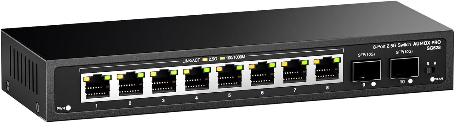 10 Port 2.5Gb Unmanaged Ethernet Switch with 8* 2.5G Base-T Ports, 2*10G SFP Ports, AUMOX PRO 80 Gbps Vlan Switching Capacity Compatible with 100/1000/2500Mbps Plug and Play