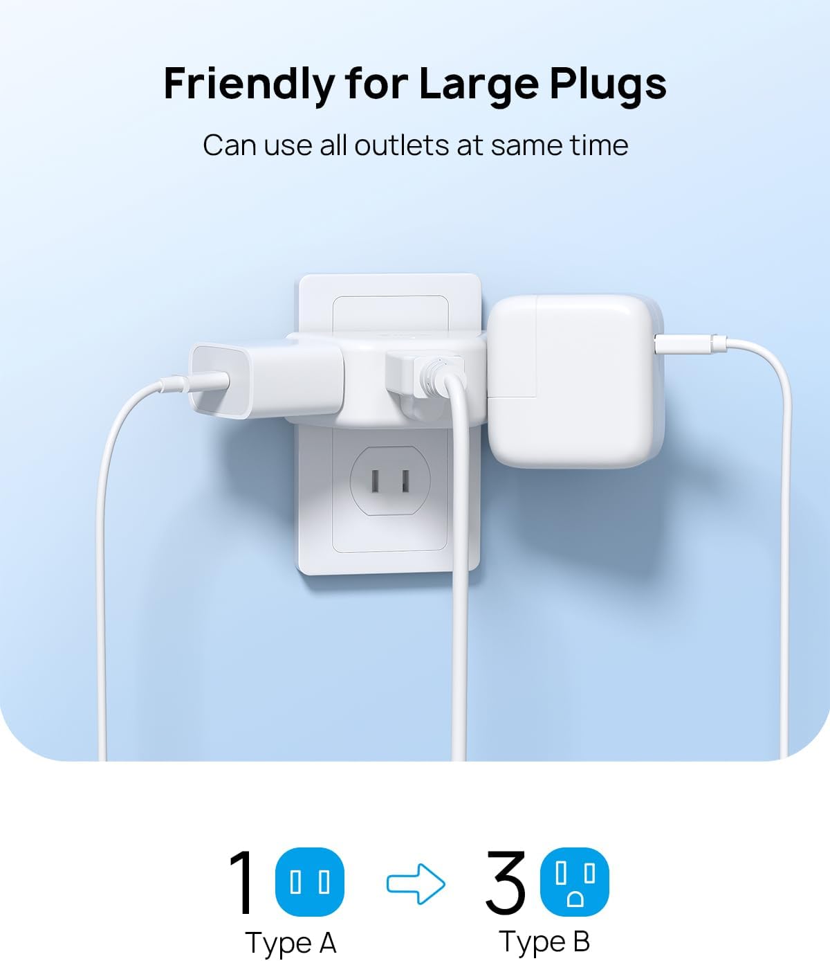 TROND 2 Prong to 3 Prong Outlet Adapter, 3-Way Angled Plug Extender with 3 AC Sockets, Wall Splitter for Non-Grounded Outlets in Old House, Cruise Essentials, White