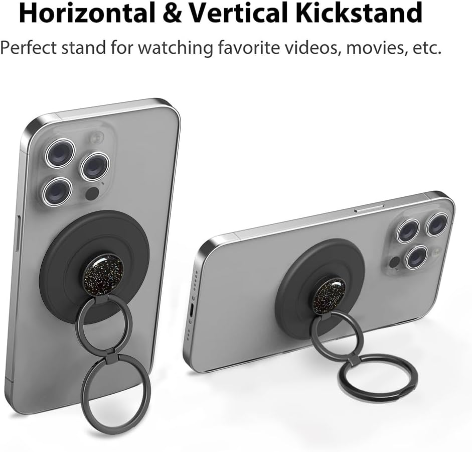 Magnetic Phone Grip Compatible with MagSafe, Magnetic Phone Ring Holder Finger Kickstand Wireless Charging Compatible, Double Cell Phone Rings Gripper Stand for MagSafe iPhone - Sparkle Black