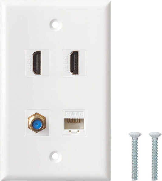 HDMI Coax Ethernet Wall Plate, 2 Port 4K HDMI Keystone, 1 Port Coax Keystone, 1 Port CAT6 Keystone Wall Plate