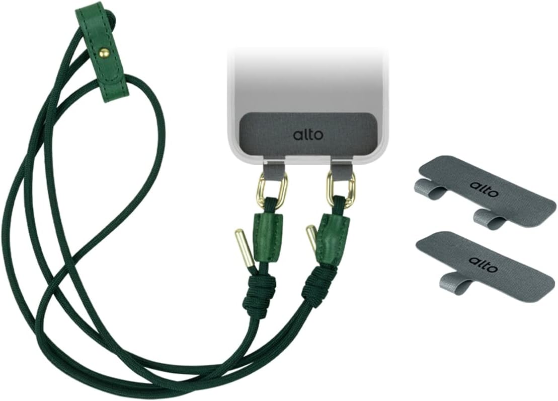 alto Crossbody Phone Lanyard: detachable patch, nylon strap with Italian leather pad, for iPhone and android full body phone cases (Forest Green)