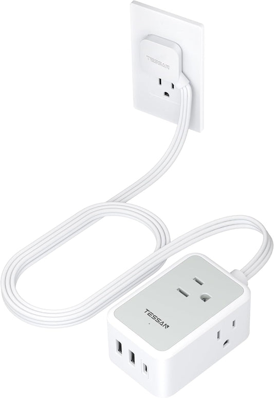 TESSAN Small Flat Plug Power Strip, Ultra Thin Extension Cord with 3 USB Wall Charger (1 USB C), 3 Outlets Mini Charging Station, 5 ft Slim Plug for Cruise Travel Office School Dorm Room Essentials