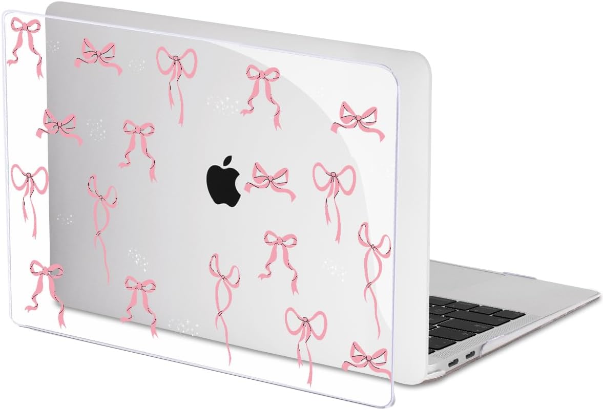 Compatible with 2021 2020 2019 2018 MacBook Air 13 inch Case M1 A2337 A2179 A1932 with Touch ID, Crystal Clear Pattern Plastic Hard Shell Case for MacBook Air 13 M1 2021, Pink Bowknot