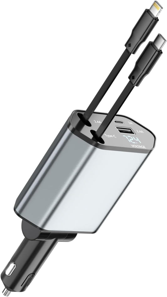 Retractable Car Charger, 120W 2.7Ft Retractable Cables and 4 Electronic Ports, Car Accessories Compatible for iOS & Android Cell Phones All Device Charging