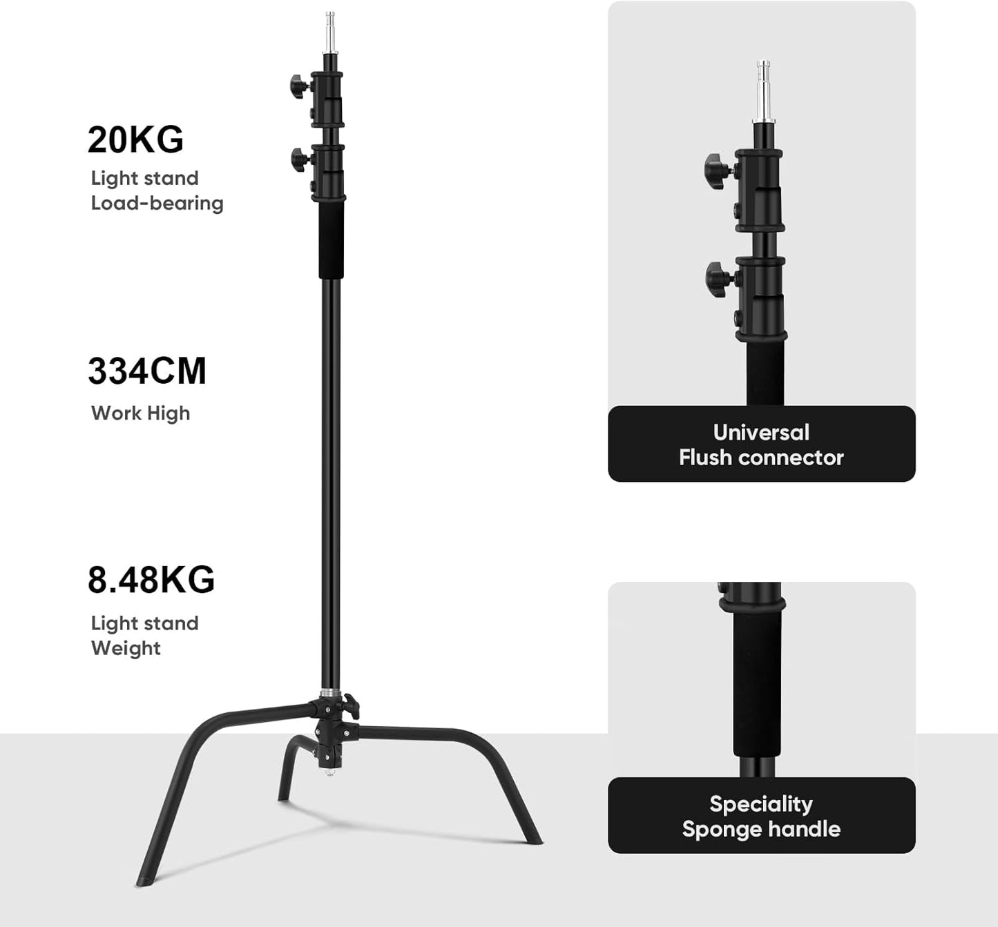 10.8ft/330cm Heavy Duty C Stand Stainless Steel Light Stand with Holding Arm 4.2ft/128cm Carry Bag 44LB/20KG Adjustable Stable for Photography Studio Video Monolight Softbox Shooting