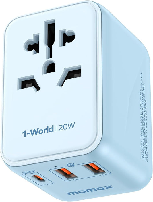 MOMAX Universal Travel Adapter, 20W+18W International Plug Adapter with 2 USB-A Quick Charging & 1 USB C PD Fast Charging, 1 AC, All-in-One Wall Charger for USA EU UK AUS JP(Type C/A/G/I)