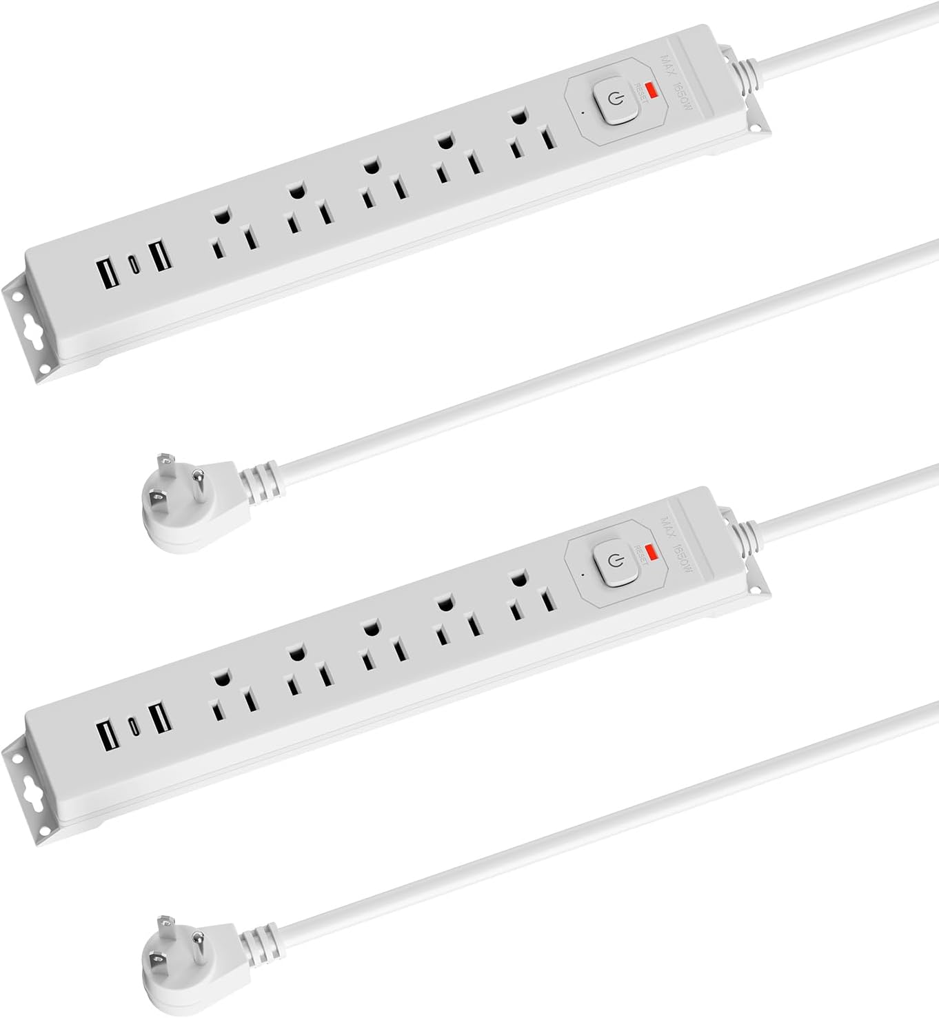 [2-Pack] 10 Ft Power Strip Surge Protector with USB Ports, Flat Plug Extension Cord, 5 AC Outlets and 3 USB Charging Ports, Wall Mountable, ETL Listed – White for Home, Office, Dorm