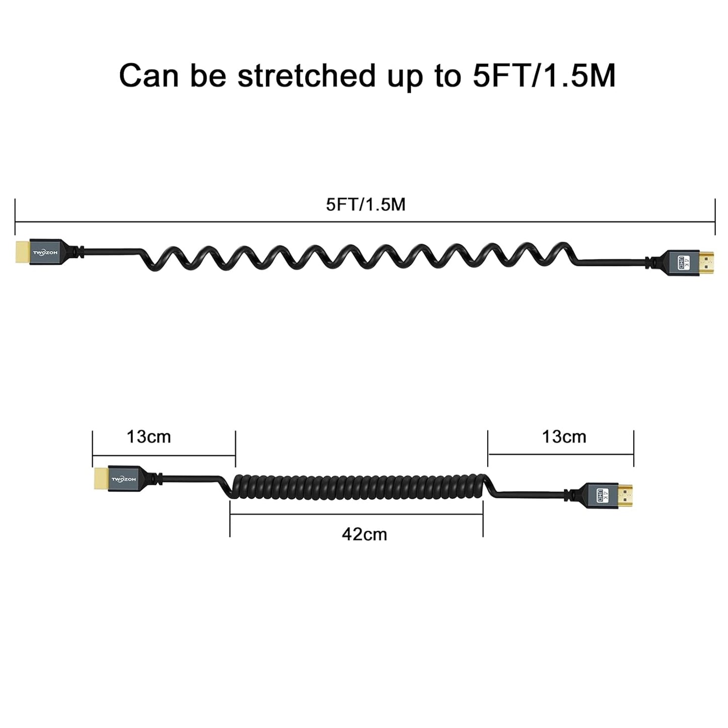 Twozoh Coiled HDMI Extender Cable - 4K UHD Support, 3D, 1080p, HDMI 2.0a/b/1.4a (Extend up to 1.5M/5FT)