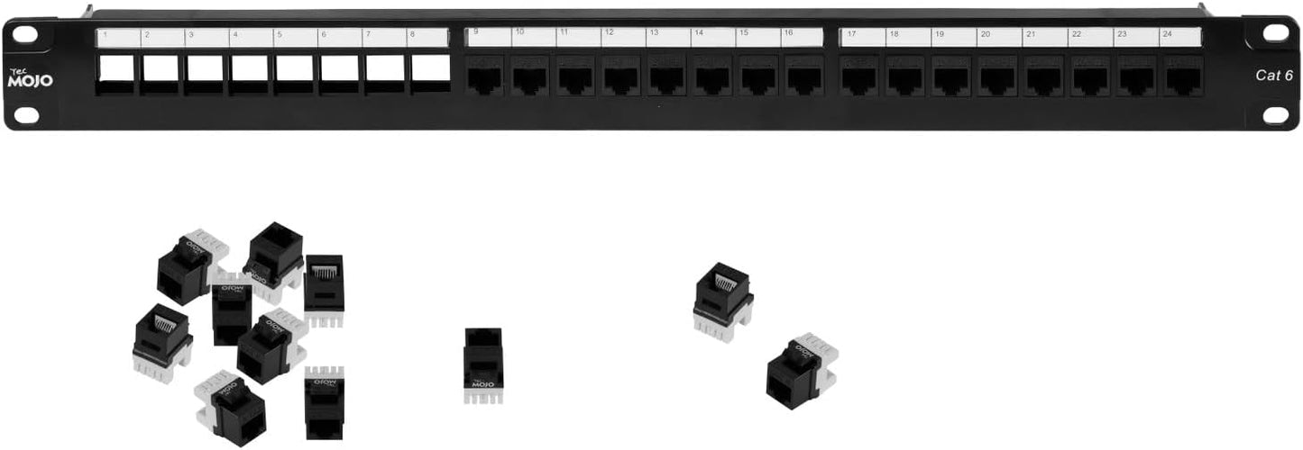 Tecmojo Patch Panel 24 Port, Keystone Patch Panel for Cat 6 /Cat 5e/Cat 5, 1U Cat6 Patch Panel fit 19in AV/Audio Rack&Cabinet, Rack Mount Network Patch Panel with Cable Management,Unshielded