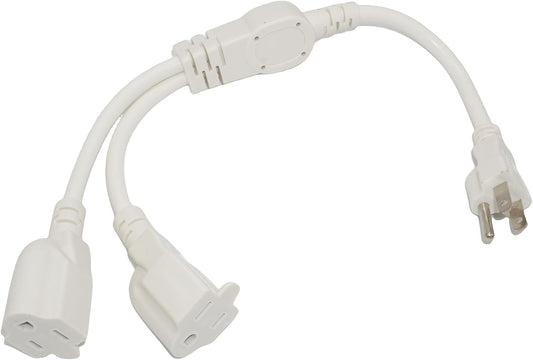 2 Way Power Splitter, 3 Prong 1 to 2 Extension Cord Splitter, 1.4' Short Extension Cord Indoor Cable Strip Outlet Saver, SJT 16AWG for Halloween Lights, Christmas Decorations, Computer, White, 1.4FT