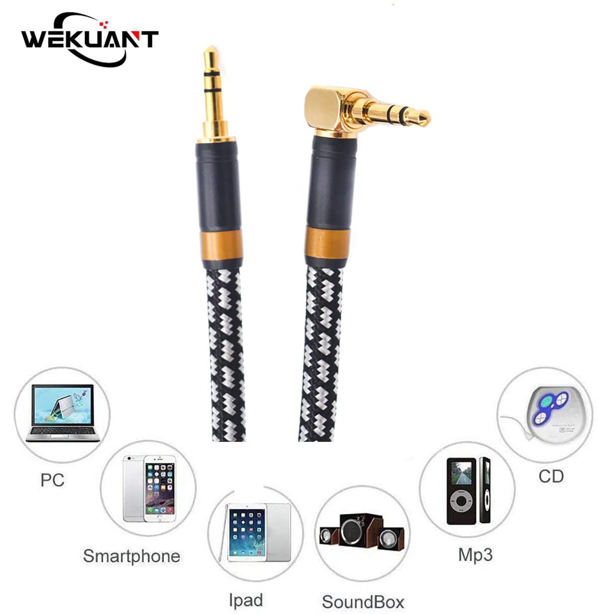 Aux Cord, Audiophile 3.5mm Stereo Audio Cable [0.75m (2.5 Feet), Silvered-Plated Copper core, Right Angle] Unbreakable and Great for Laptop, Tablets,Headphones, Cars and More.