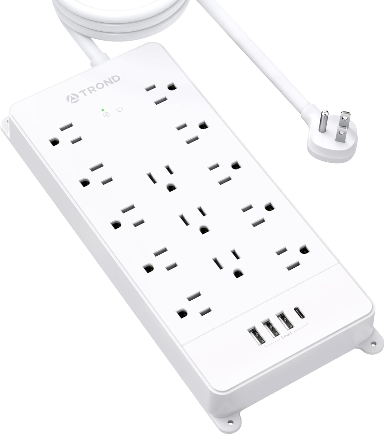 TROND Surge Protector Power Strip 10 ft Cord - Long Extension Cord, 4000J, 13 Widely Outlets with USB C Ports, Flat Plug, Wall Mount, 1875W, Home Gaming Dorm Room Essentials, ETL Listed, White