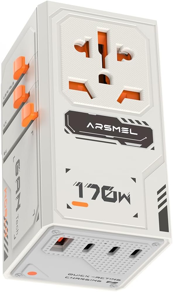 170W GaN Universal Travel Adapter, Worldwide All-in-One International Plug Power Adapter & Wall Charger with 3 USB-C & 1 USB-A (5A/28V) for Europe, USA, Japan, and Australia (Type C/A/G/I)