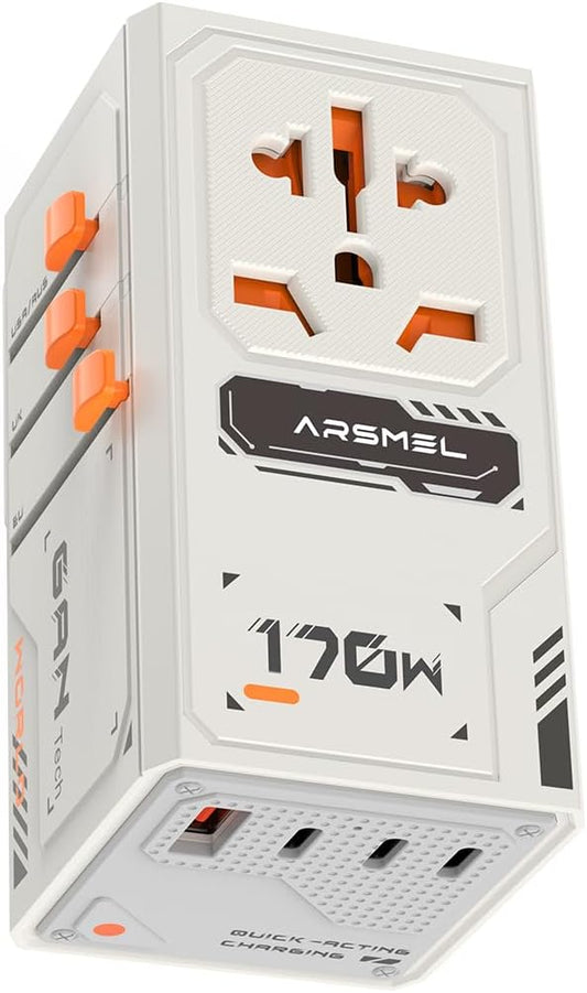 170W GaN Universal Travel Adapter, Worldwide All-in-One International Plug Power Adapter & Wall Charger with 3 USB-C & 1 USB-A (5A/28V) for Europe, USA, Japan, and Australia (Type C/A/G/I)