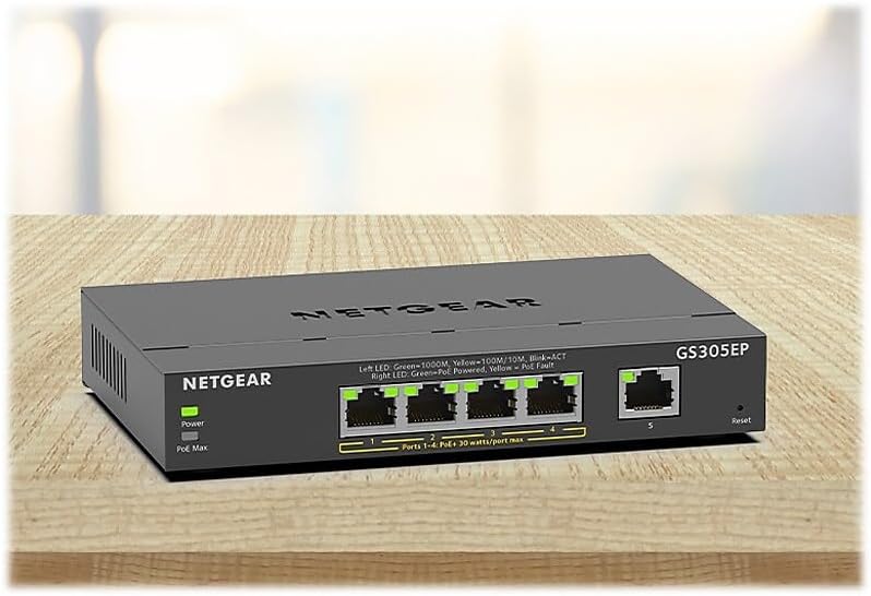 NETGEAR 5 Port PoE Gigabit Ethernet Easy Smart Managed Essentials Switch (GS305EP) - with 4 x PoE+ @ 63W, Desktop or Wall Mount