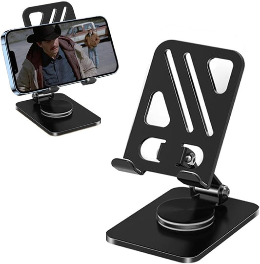 Adjustable Phone Stand with 360 Rotating Base Portable Foldable Carbon Steel Material Desktop Cellphone Stand Fits All Smart Phones-Black