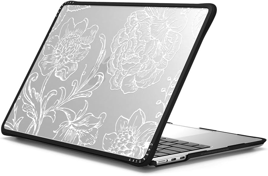 CASETiFY Impact MacBook Air 13.6" (M2-M4) Case [Cushioned Impact Corners/Scratch-Resistant/Anti-Slip Grip] - White line Art Flowers - Clear Black
