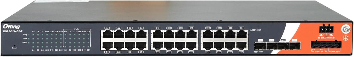 RGPS-3244GP-P | 28-Port Rackmount Managed Gigabit PoE Switch | 24 GE PoE + 4 SFP Slots, ORing Industrial Networking