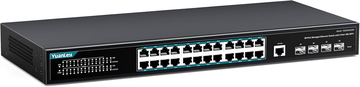 YuanLey 28 Port Gigabit Managed Switch with 24 10/100/1000Mbps RJ45 Ports, 4X 10Gbps SFP+, L3 Smart Managment Ethernet Switch, VLAN, QoS, ACL, SSL, Fanless, Compatible for Tp-Link, Netgear