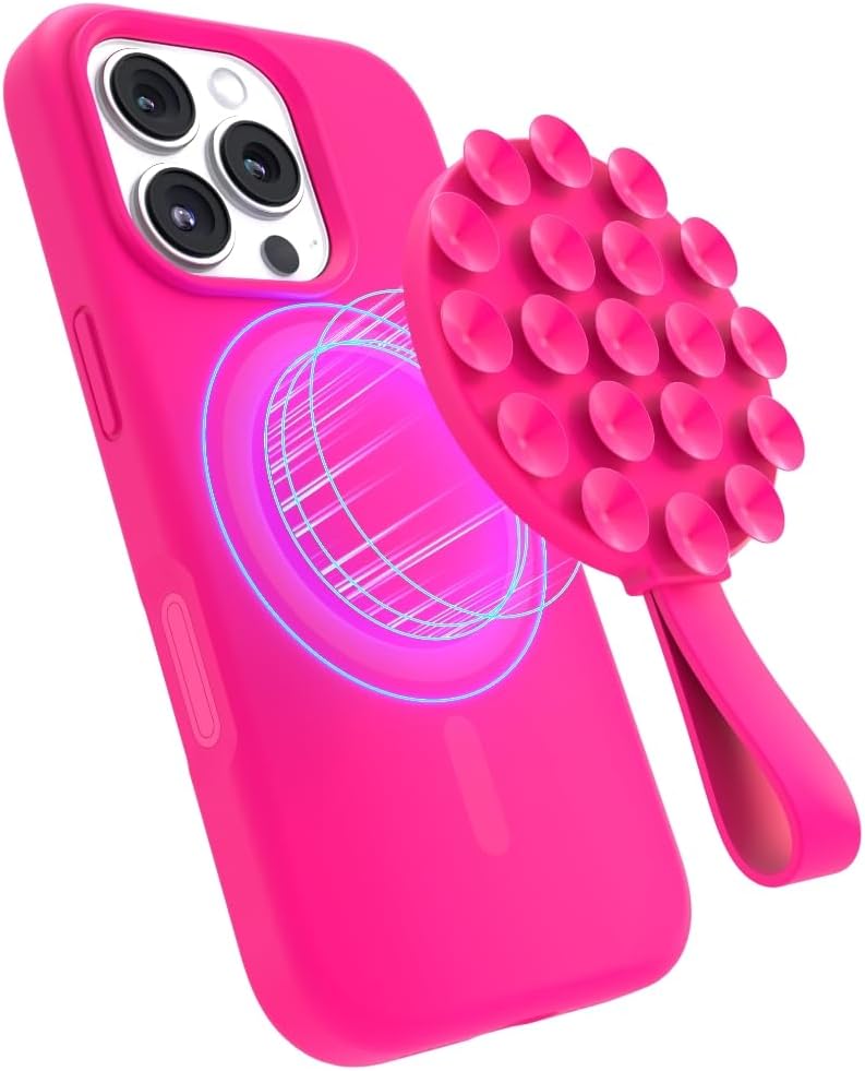 FELONY CASE - Neon Pink Magnetic Suction Cup Phone Mount and Grip – Strong Silicone Holder for Hands-Free Convenience, Compatible with MagSafe Cases and iPhone 16, 15, 14, 13, 12