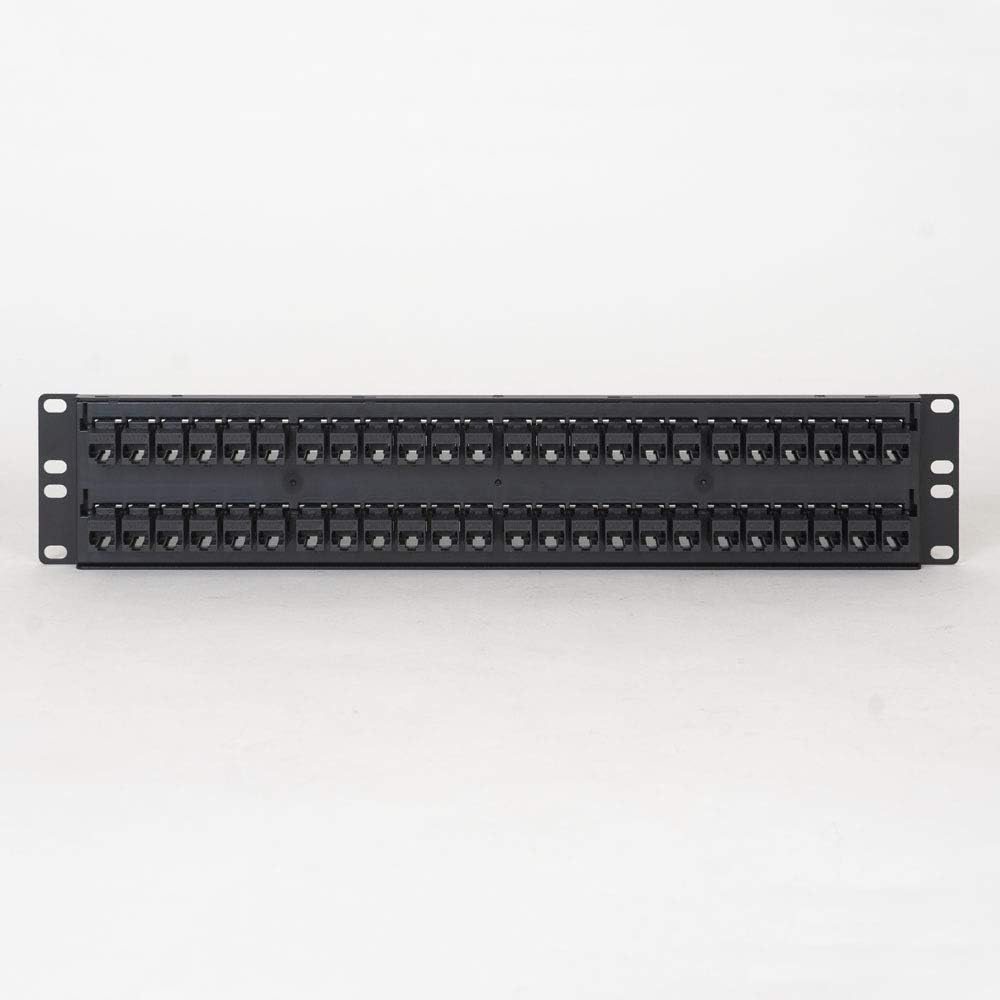 ICC CAT5e Feed-Through Patch Panel, 48 Port, 2U Rackmount, RJ45 Ethernet Patch Panel, No Punch Down, PoE++ and TAA Compliant, Black