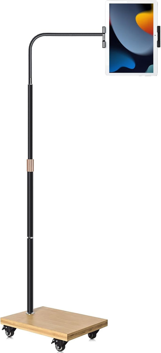 wishacc Tablet Floor Stand with Adjustable Gooseneck Mount, Swivels and Wheels for Bedside, Compatible with iPad, Galaxy Tab, Kindle and Phones