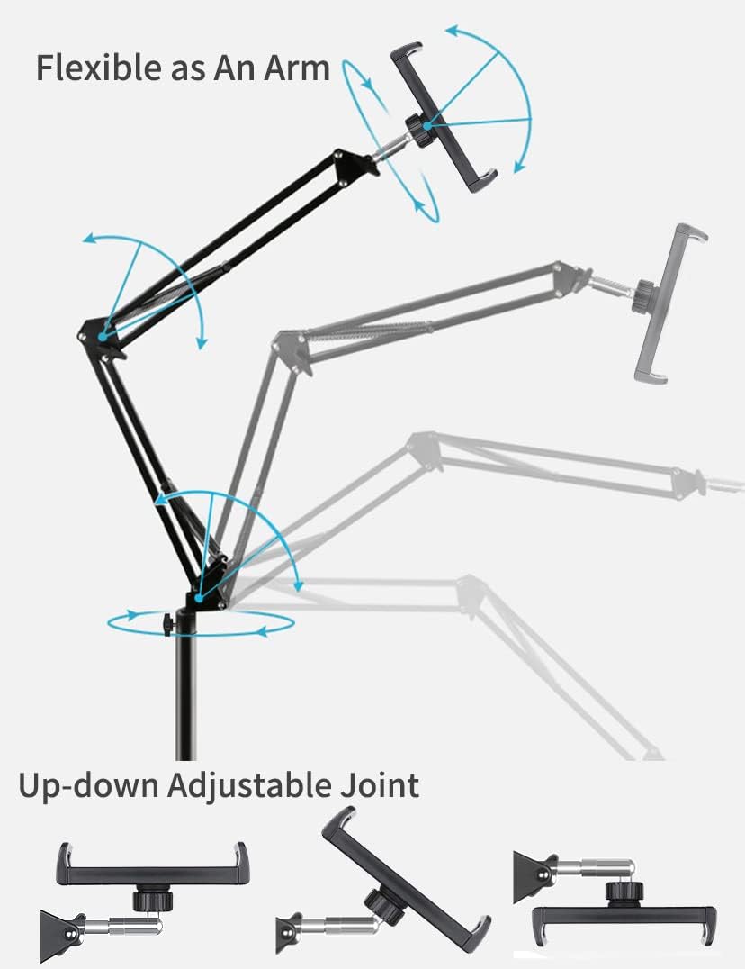 Tablet Floor Stand with Double Weight Base, Overhead Bed Phone Mount Height Adjustable Arm Stretchable Stand Holder, Compatible with iPad Mini Air Pro, Galaxy Tab, Kindle, Switch, Cell Phones