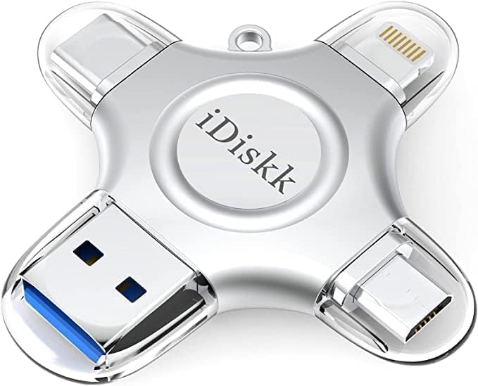 MFi Certified iDiskk 128GB Flash Drive for iPhone 15 16 iPad USB 3.0 Lightning Drive 4 in 1 Multi Functional External Storage for iOS and Android Samsung Phones Type c Devices and MacBook Photo Drive