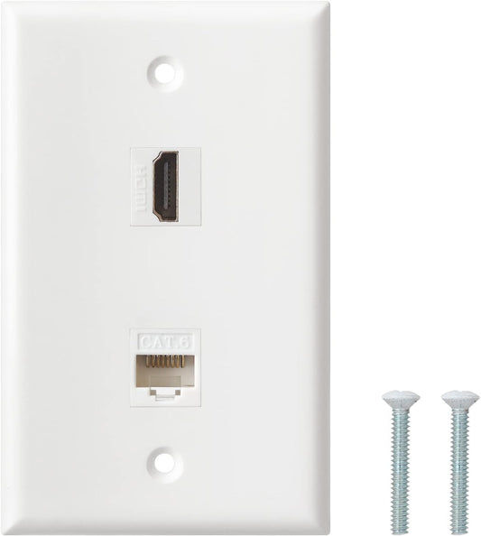 HDMI Ethernet Wall Plate - 1 Port 4K HDMI Keystone to Female, 1 Port CAT6 Keystone to Female - White