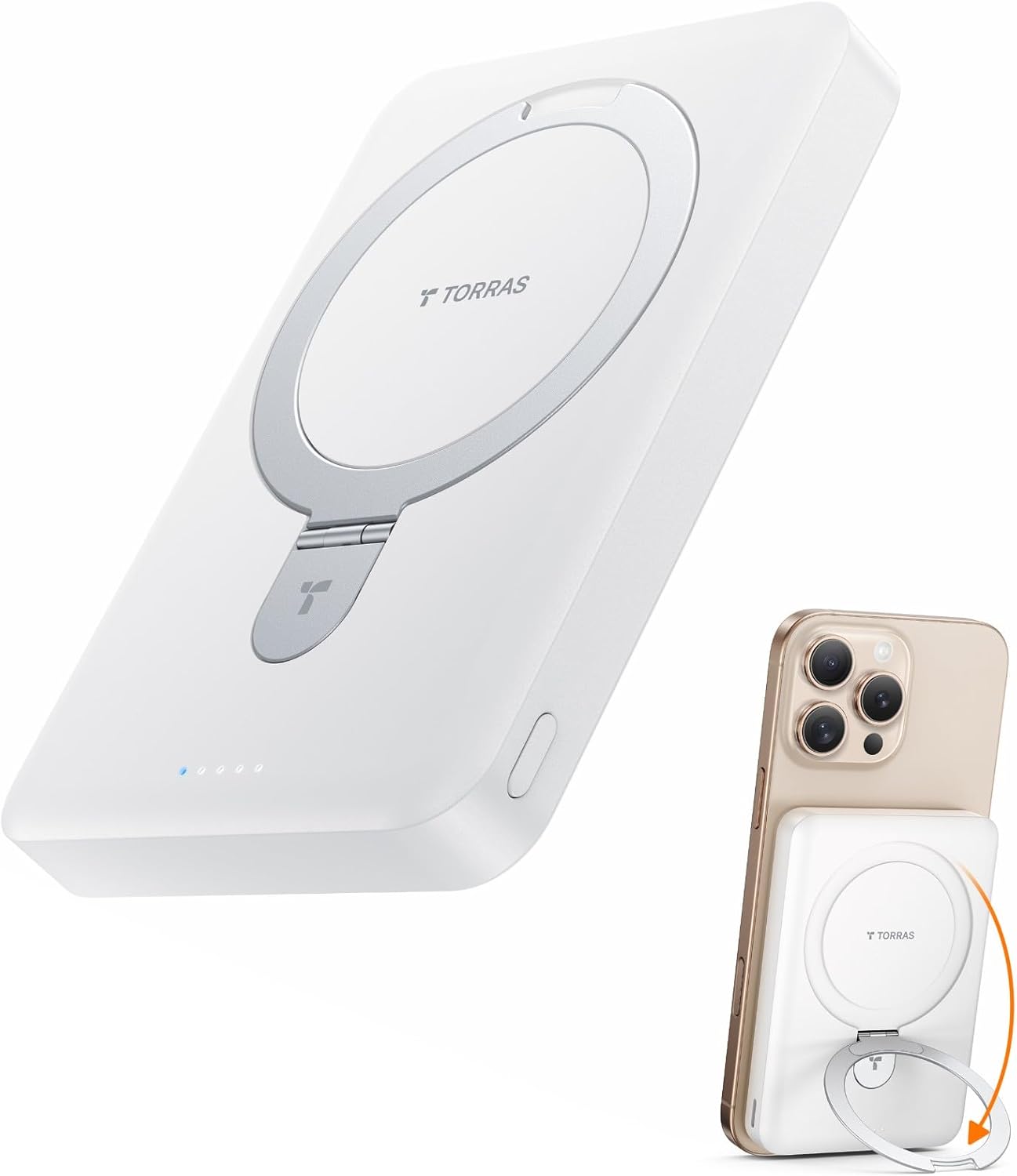 TORRAS 10000mAh Magnetic Portable Charger Power Bank for iPhone, Fast Charging Travel Essential Wireless Battery Pack Slim with OStand Compatible with Magsafe, 16 Pro Max,Pro,15,14,13,12, White