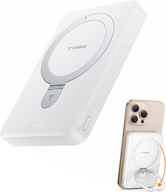 TORRAS 10000mAh Magnetic Portable Charger Power Bank for iPhone, Fast Charging Travel Essential Wireless Battery Pack Slim with OStand Compatible with Magsafe, 16 Pro Max,Pro,15,14,13,12, White