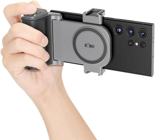 KIWIFOTOS Universal Phone Camera Grip Phone Tripod Mount with Remote Control & Cold Shoe Adapter for iPhone 16 15 Pro Max Samsung S24 S23 S25 Camera Holder Selfie Vlog Video Shooting (Gray)