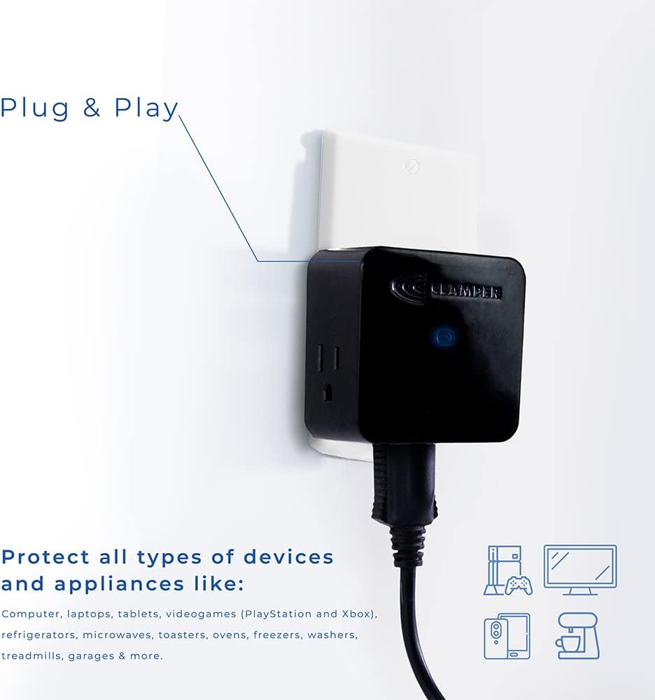 Clamper 3-Outlet Surge Protector 1800 Joules, 1875W, for TV, PC, Xbox, PS5, Refrigerators and Other Appliances (Compact Wall Surge Protector), iCLAMPER Power 3, 2-Pack Black