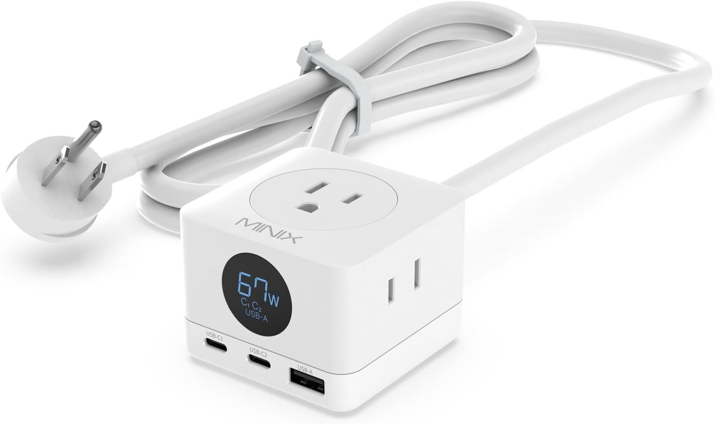 MINIX 67W USB C Charger with 3 Outlets, Gan 3-Port Compact Cube Fast Power Strip Surge Protection, 5ft Extension Cord, for MacBook Pro/Air, iPhone 15/14/Pro, Galaxy S23/S22, for Dorm, Home & Office