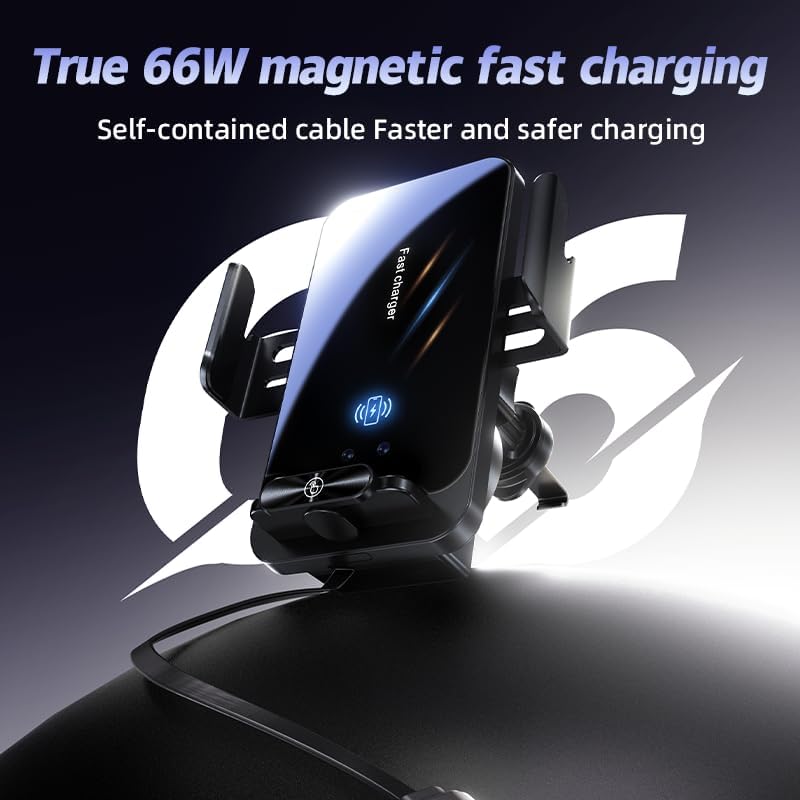 Magnetic Phone Holder Car Wireless Charger, 66W Fast Charging Phone Mount 360 Adjustable Rotatable Auto-Clamping Car Vent for Mount - Dashboard Phone Holder for iPhone/Android/Samsung (Black)
