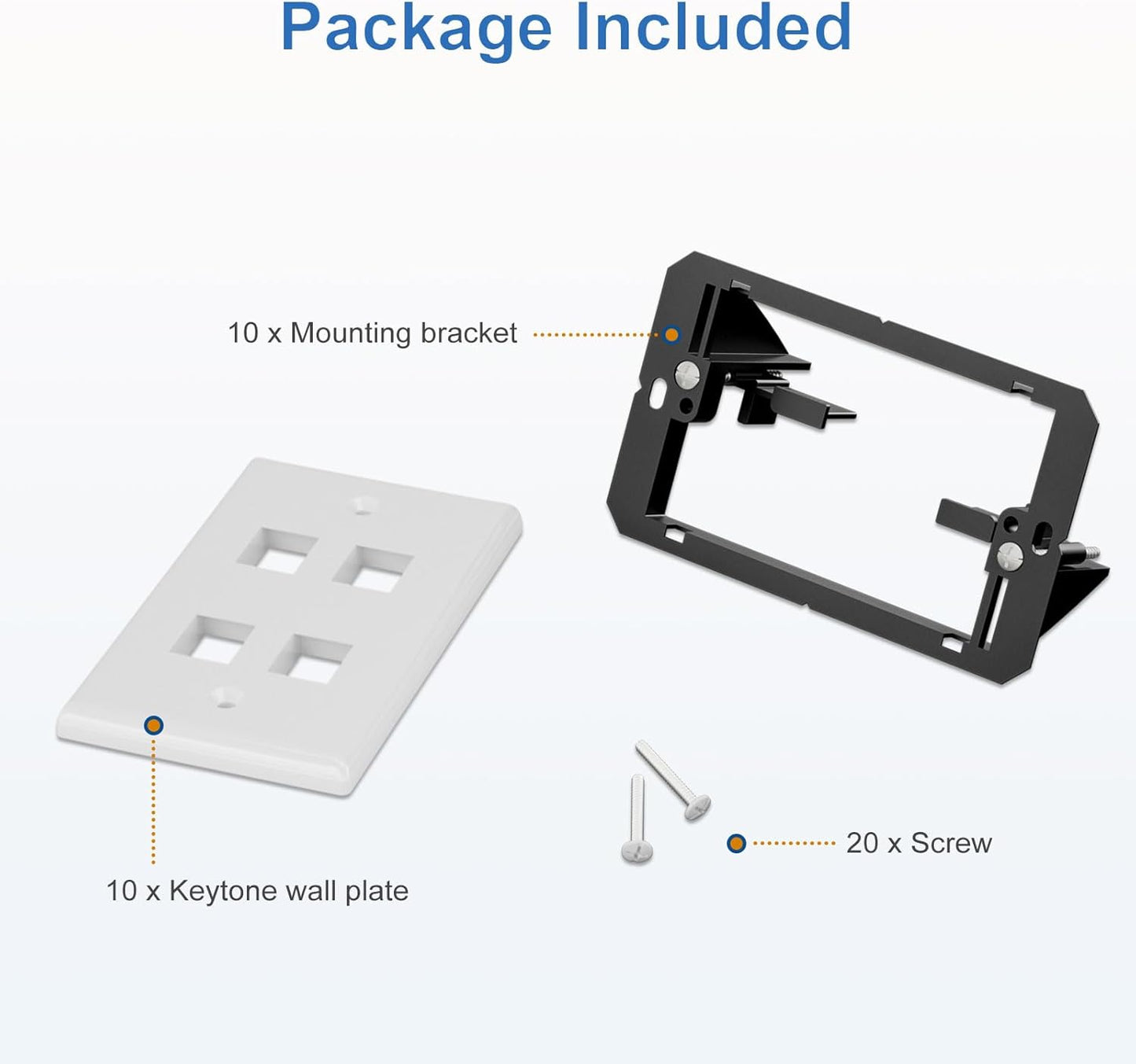FGB 4-Port Keystone Wall Plate, with Low Voltage Mounting Bracket, with Single Gang Decorator Wall for RJ45, HDMI, and Coax Keystone Inserts, White, 10-Pack