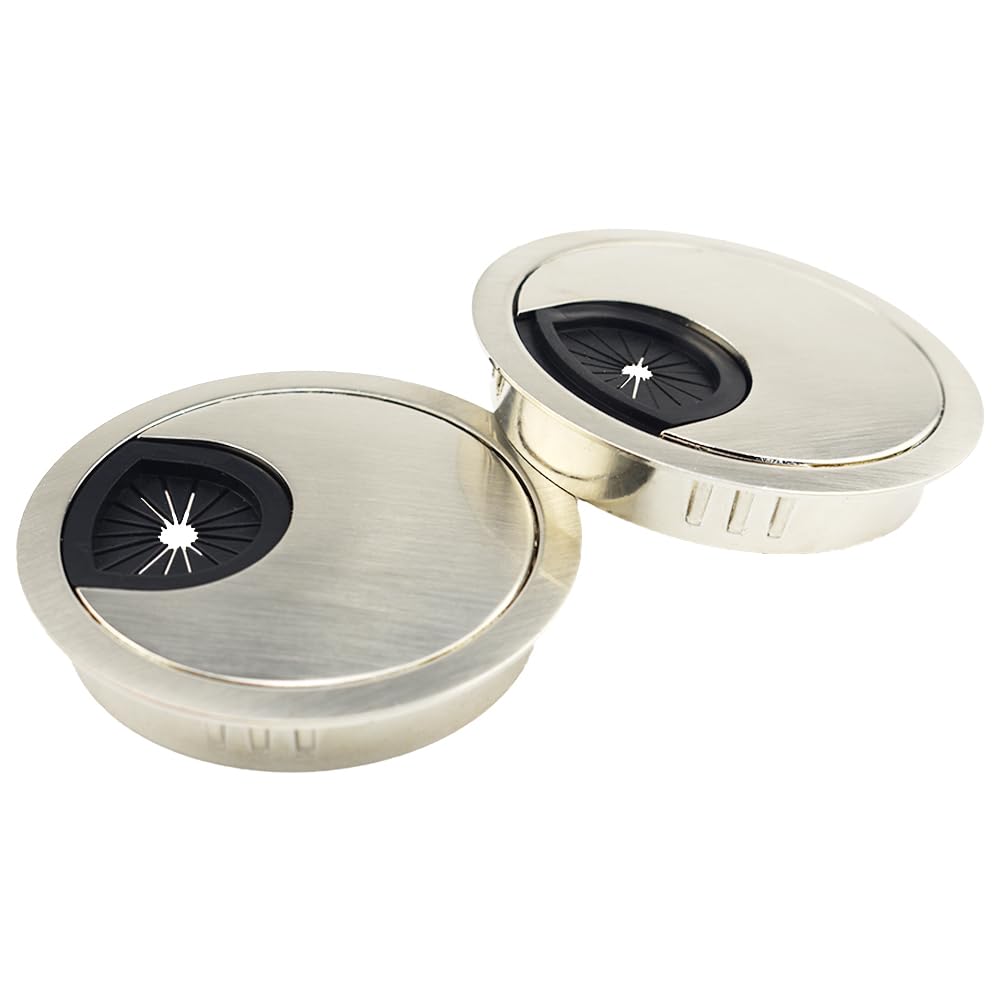 HAHIYO 2Pcs 2.4Inch/60mm Brushed Silver Zinc Alloy Desk Grommet Wire Grommet Cable Management Cord Hole Cover Desk Wire Hole Insert Wire Organizer for Computer Office Home School Equipment Systems