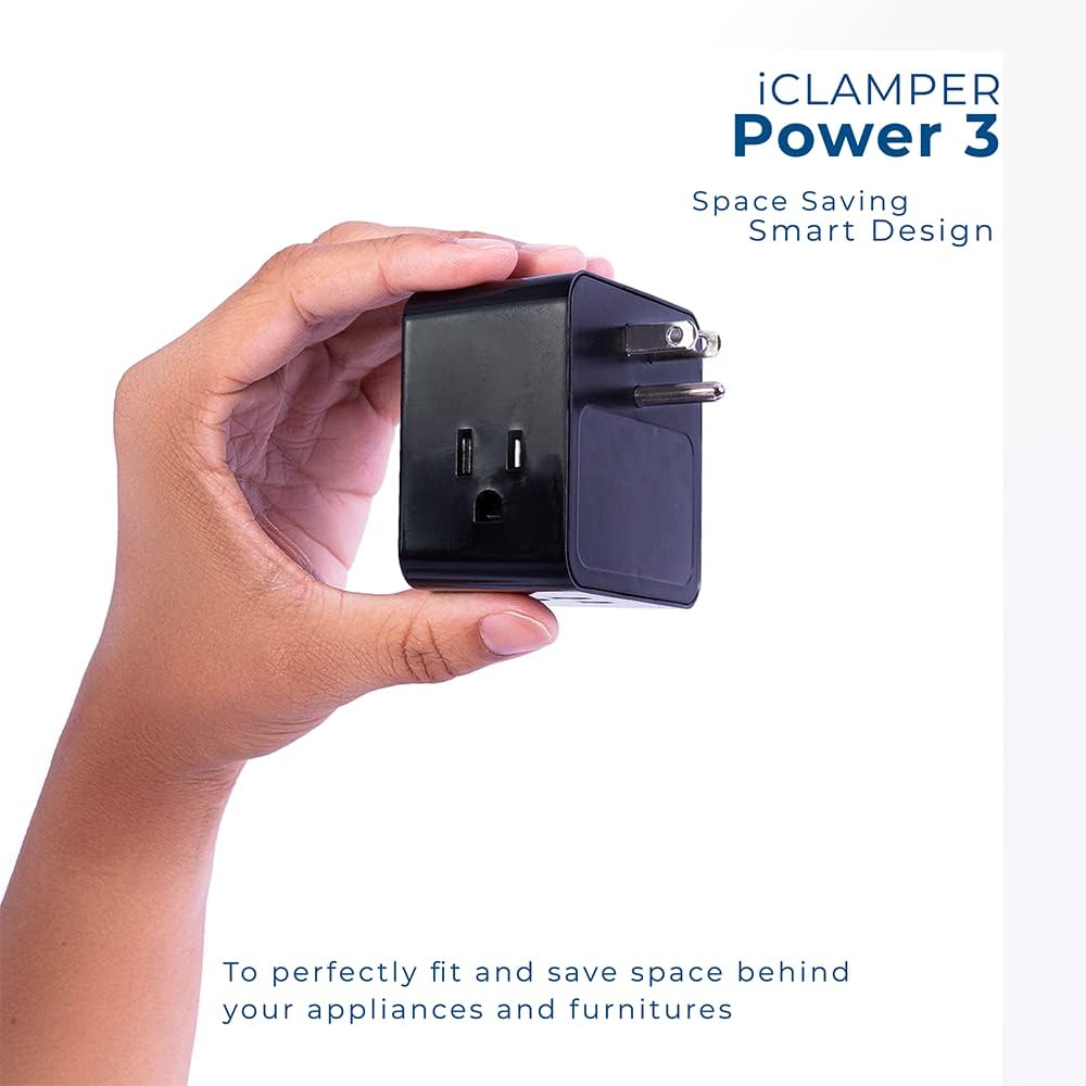 Clamper 3-Outlet Surge Protector 1800 Joules, 1875W, for TV, PC, Xbox, PS5, Refrigerators and Other Appliances (Compact Wall Surge Protector), iCLAMPER Power 3, 1-Pack Black