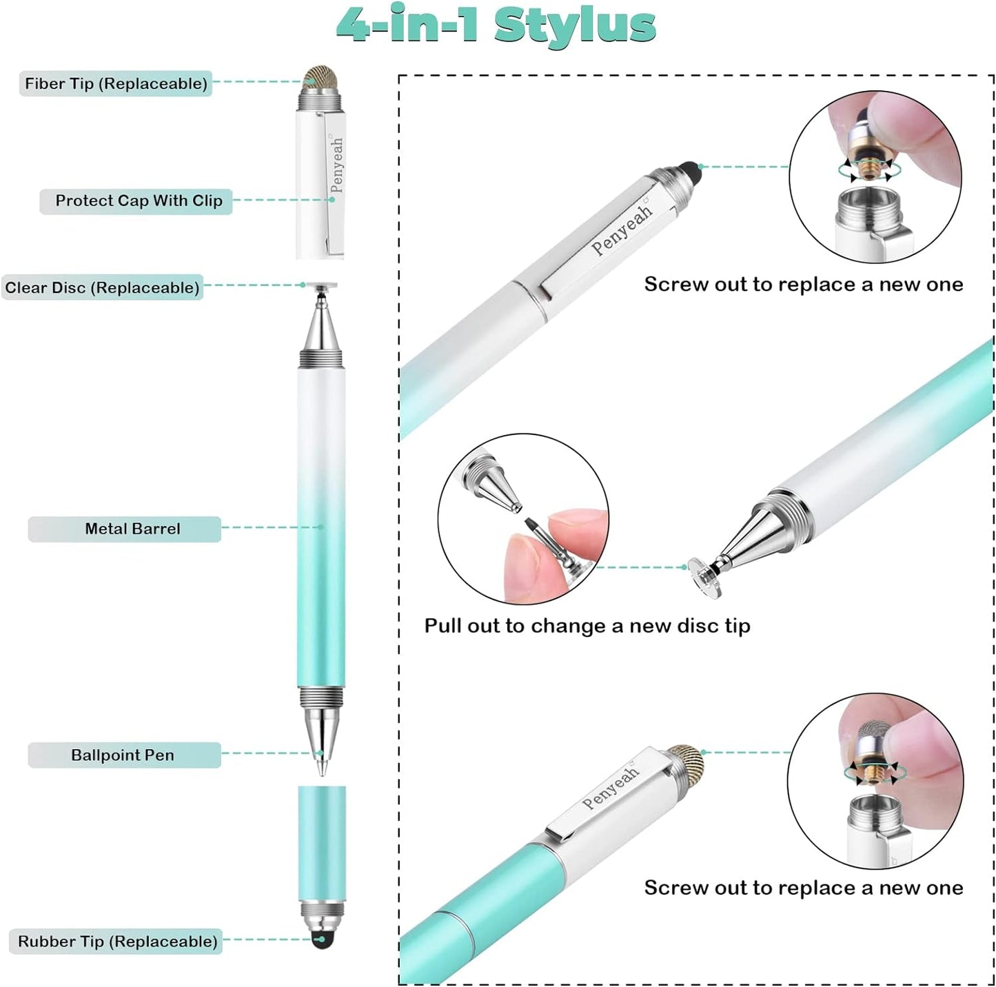 Penyeah Capacitive Stylus Pen (4 in 1),Universal Touch Screens Stylus Pen for iPad/Pro/iPhone/Android Phone/Samsung/Fire/Tablets and All Capacitive Touch Screens-Dream Blue