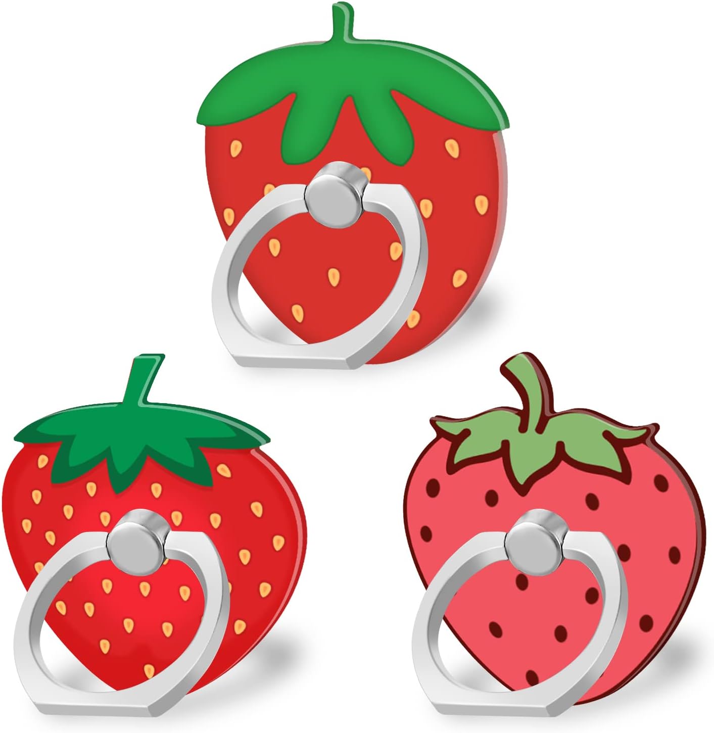 Bonoma Cute Phone Ring Holder with Strawberry Design, 3 Pack Universal Finger Ring Stand Grip Kickstand Ring, 360° Rotation Universal Stylish Stand Compatible with All Smartphones