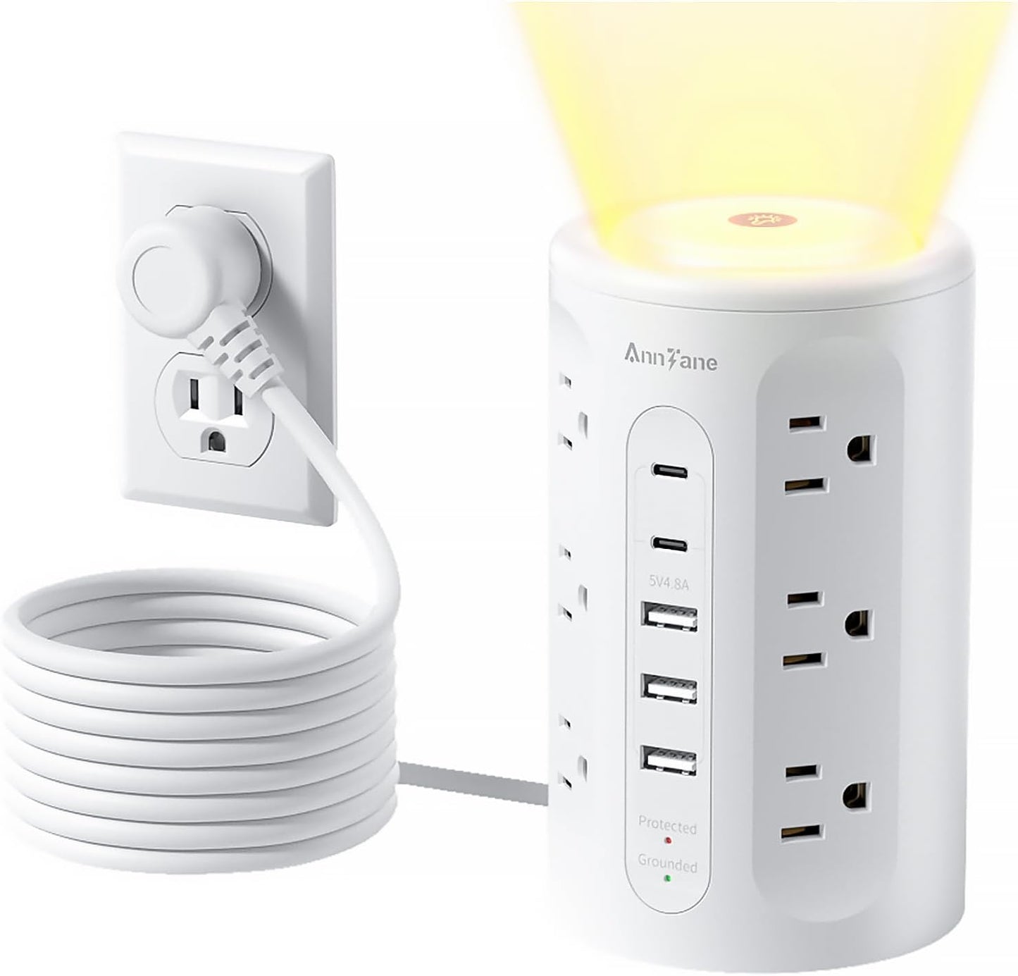 Power Strip Tower with Night Light, 15W Surge Protector Power Strip with USB Ports, 10 FT Extension Cord with Multiple Outlets (12AC+3A+2C) for Home Office Desk DormRoom (White)