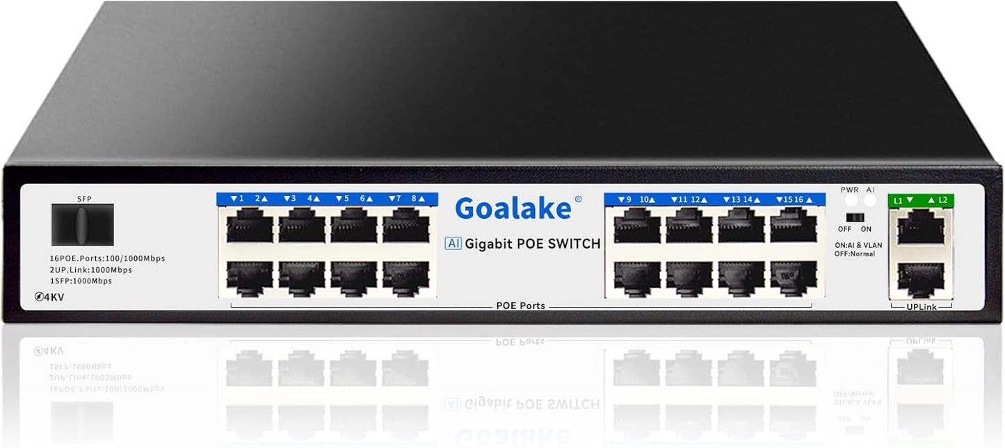 PoE Switch with 16 Gigabit PoE+ @240W Built-in Power, 2 Uplink Gigabit Port + 1 Combo SFP Slots, IEEE802.3af/at, Metal Casing, VLAN Mode, AI Function, Plug & Play Rack-mountable