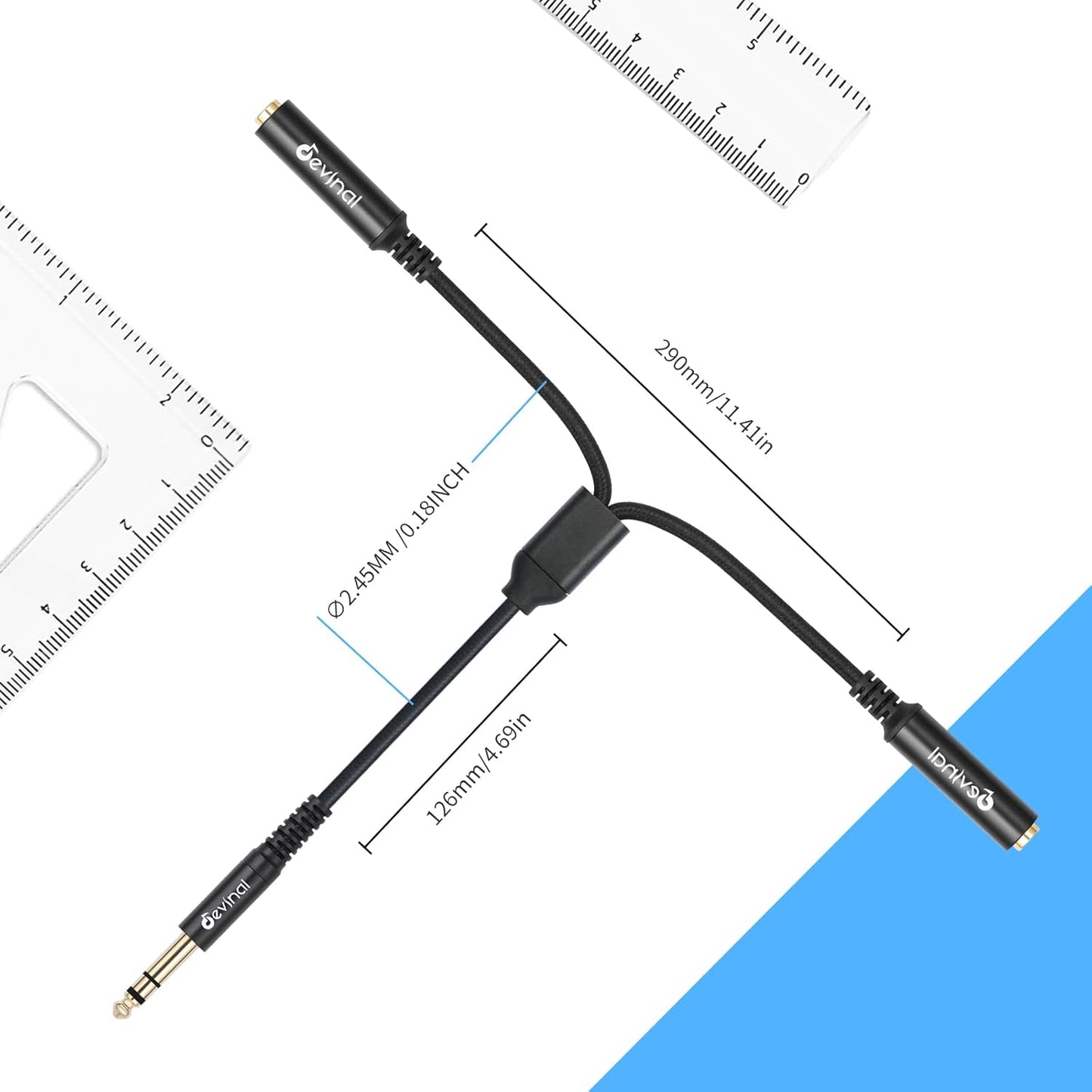 Devinal 1/4 inch TRS Splitter Cable, 6.35mm Stereo Y Cable, 1/4 Male Plug to Dual 1/4 Female Jack Cord, 12 inches / 30cm