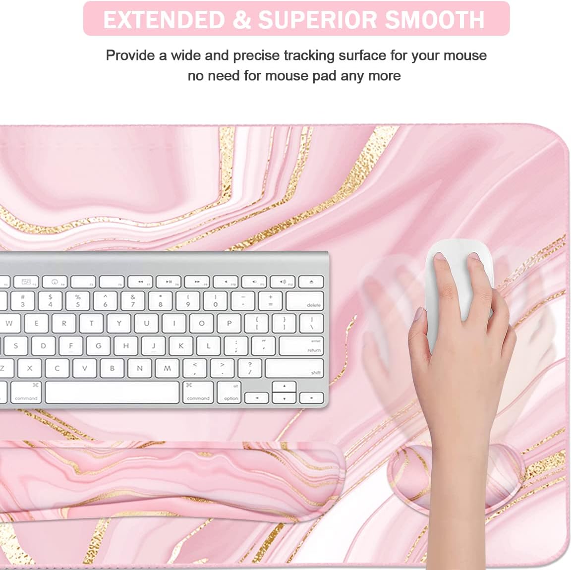 Keyboard Mouse Pad Set, Extended Mouse Pad+Keyboard Wrist Rest Support, Memory Foam Ergonomic Easy Typing, 3Pcs (35.4×15.7 in) Desk Pad Set for Home Office Study Game- Pink Gold