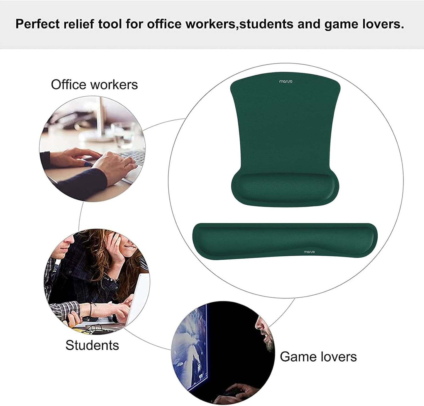 MOSISO Wrist Rest Support for Mouse Pad & Keyboard Set, Ergonomic Mousepad Non-Slip Base Home/Office Pain Relief & Easy Typing Cushion with Neoprene Cloth & Raised Memory Foam, Peacock Green