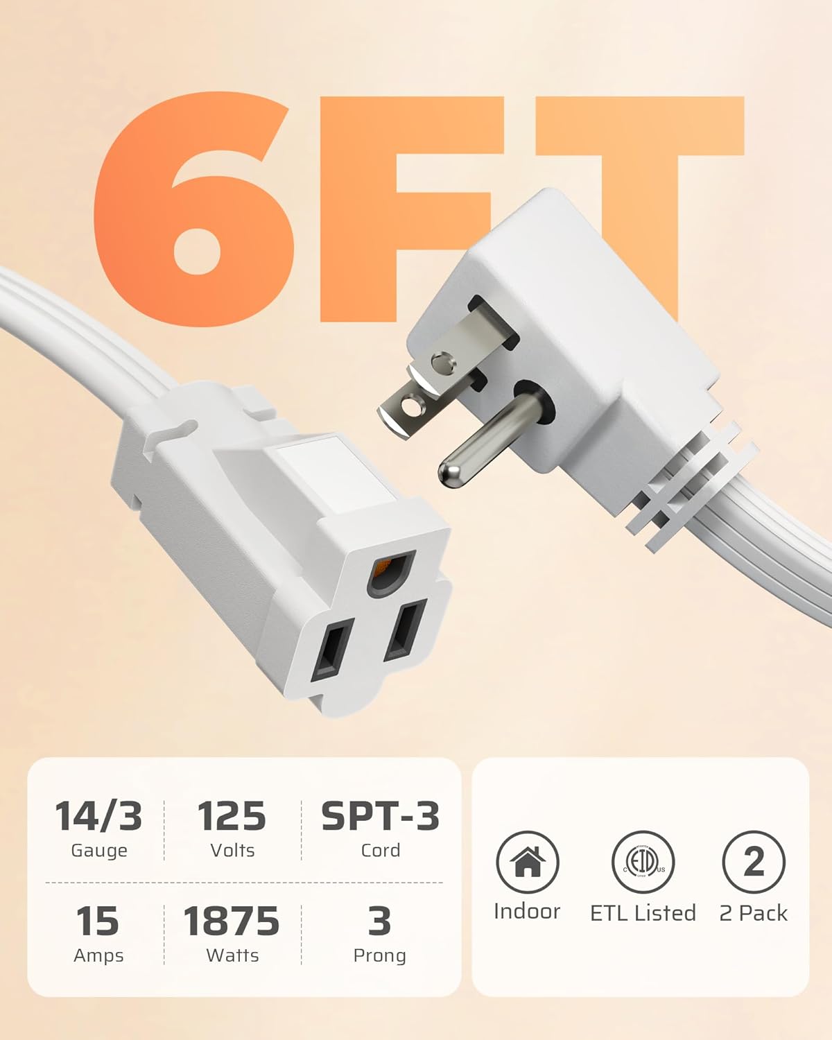 DEWENWILS Heavy Duty 6FT Extension Cord with 3-Prong Flat Plug, 15A/1875W 14/3 SPT-3 Flat Wire, Space Saving for Home Office Appliances & Electronics, ETL Listed, 2 Pack, White