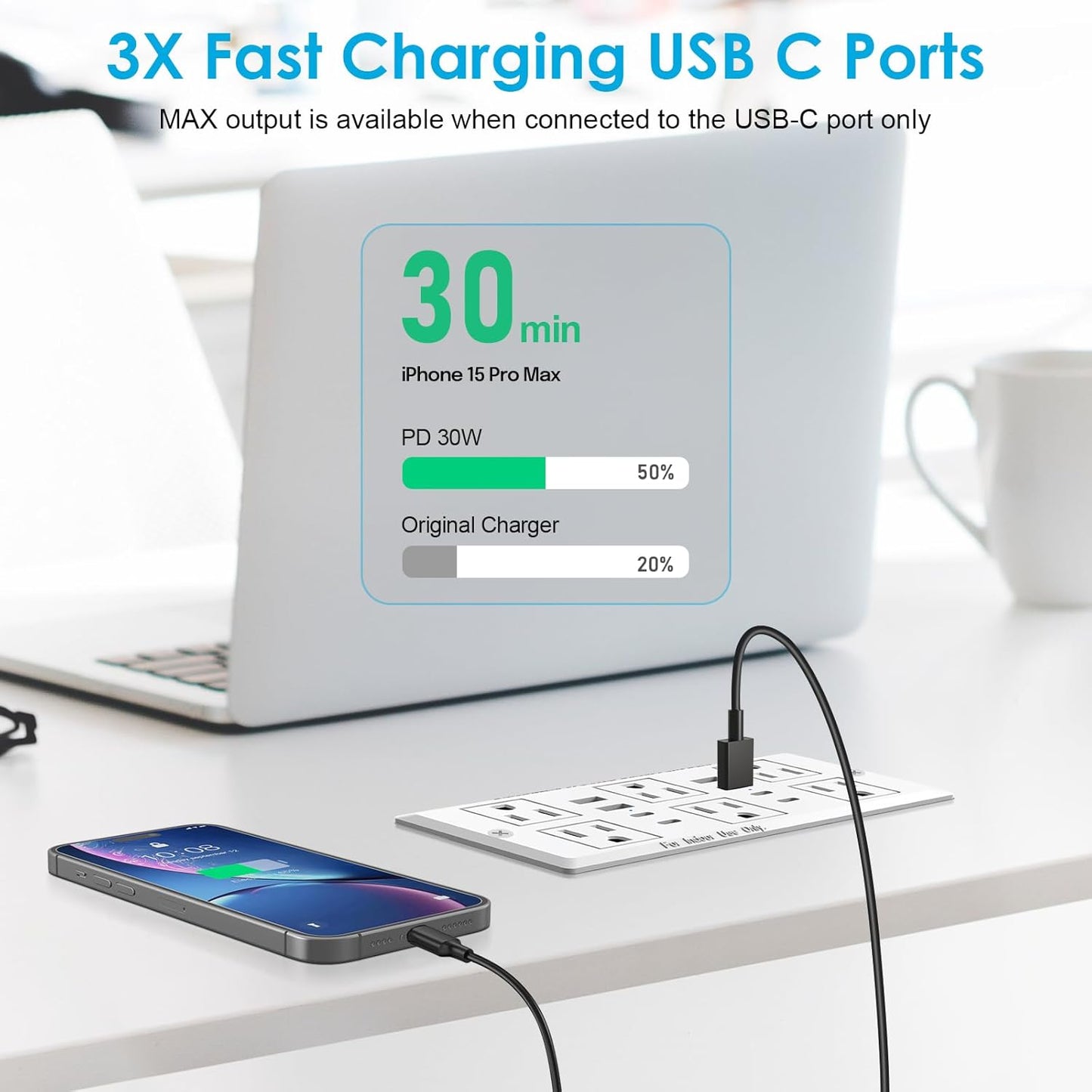 30W Recessed Power Strip USB C, Desk Flush Mount Outlet Plug in 6 AC & 8 USB Ports for Furniture Conference Power Hub, 6FT