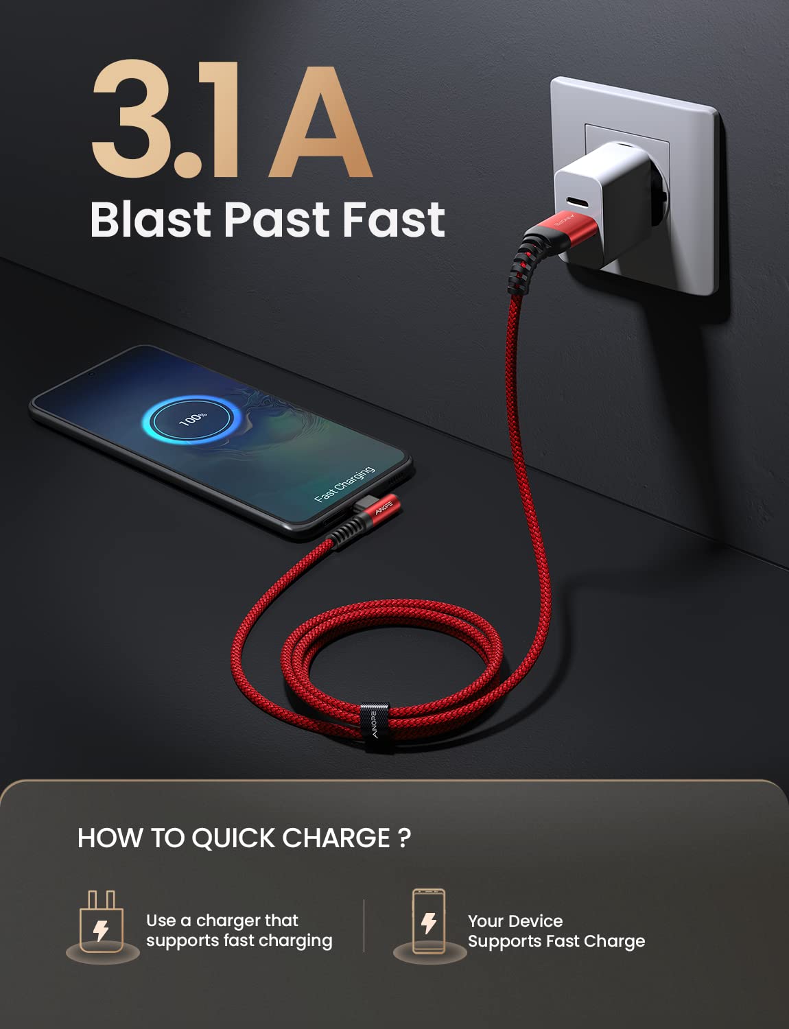 AINOPE USB C Cord 3.1A Fast Charge, [2-Pack, 6.6ft] Type C Charging Cable Right Angle, Resistant Nylon Braided USB-A to USB-C Charge Compatible Galaxy S10 S9 S8 Plus S21, V30,V20,G6, Type C Charger