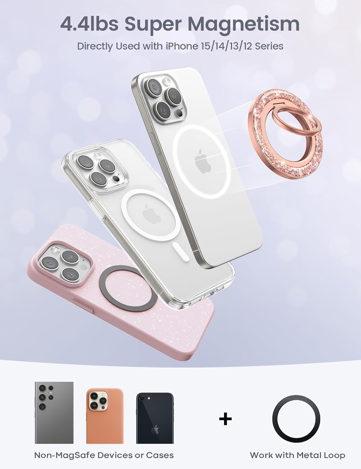 Lamicall Magnetic Twinkle Ring for MagSafe Grip - Stylish Glitter for Mother, Magnet Phone Ring Finger Holder Stand, Upgrade Gear Hinge Mag Safe Accessories for iPhone 16 15 Pro Max, Rose Gold